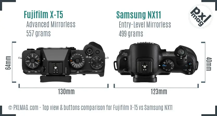 Fujifilm X-T5 vs Samsung NX11 top view buttons comparison