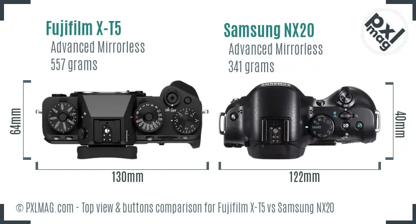 Fujifilm X-T5 vs Samsung NX20 top view buttons comparison