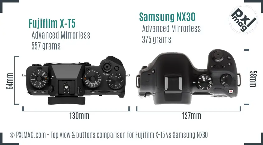 Fujifilm X-T5 vs Samsung NX30 top view buttons comparison