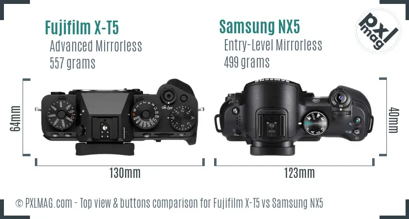 Fujifilm X-T5 vs Samsung NX5 top view buttons comparison Fujifilm X-T5 vs Samsung NX5 top view buttons comparison