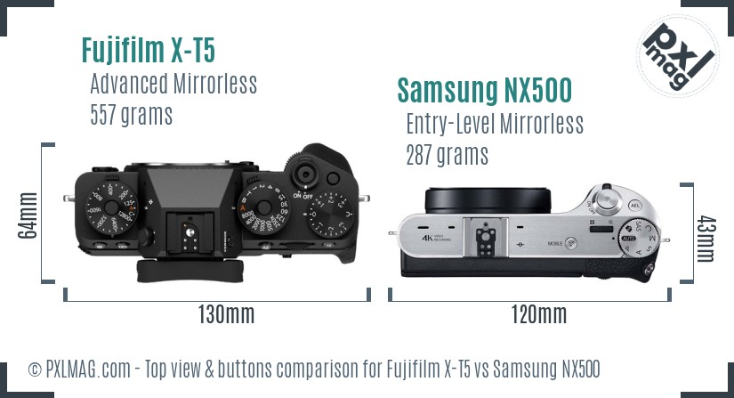 Fujifilm X-T5 vs Samsung NX500 top view buttons comparison