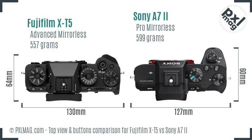 Fujifilm X-T5 vs Sony A7 II top view buttons comparison