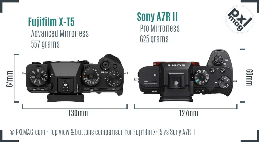 Fujifilm X-T5 vs Sony A7R II top view buttons comparison Fujifilm X-T5 vs Sony A7R II top view buttons comparison