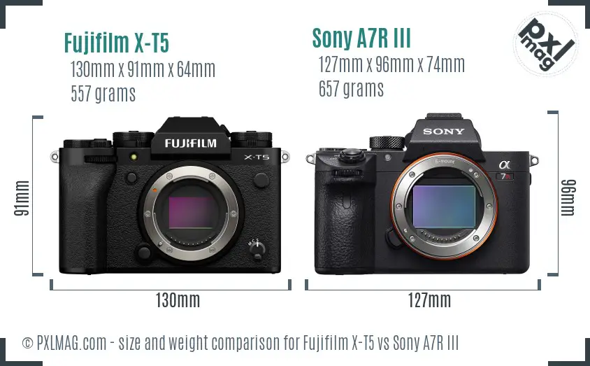 Fujifilm X-T5 vs Sony A7R III size comparison