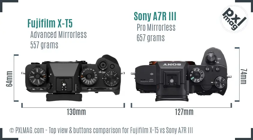 Fujifilm X-T5 vs Sony A7R III top view buttons comparison