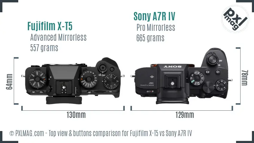 Fujifilm X-T5 vs Sony A7R IV top view buttons comparison