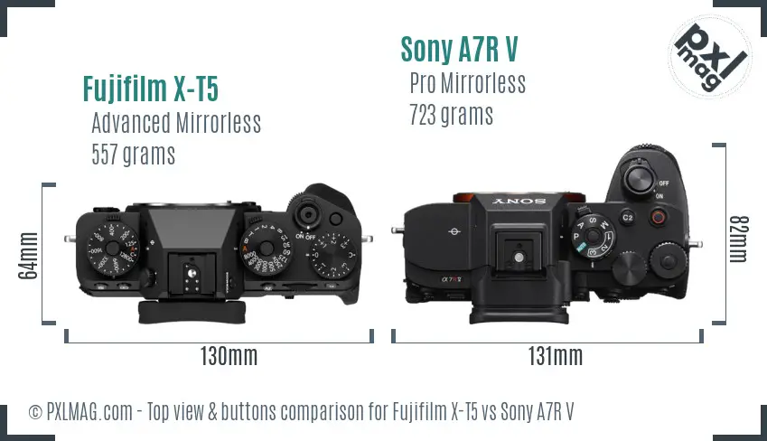 Fujifilm X-T5 vs Sony A7R V top view buttons comparison