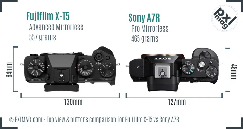 Fujifilm X-T5 vs Sony A7R top view buttons comparison
