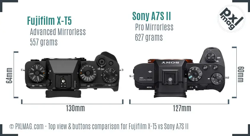Fujifilm X-T5 vs Sony A7S II top view buttons comparison