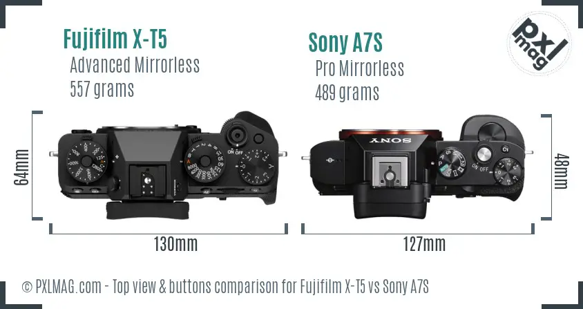 Fujifilm X-T5 vs Sony A7S top view buttons comparison