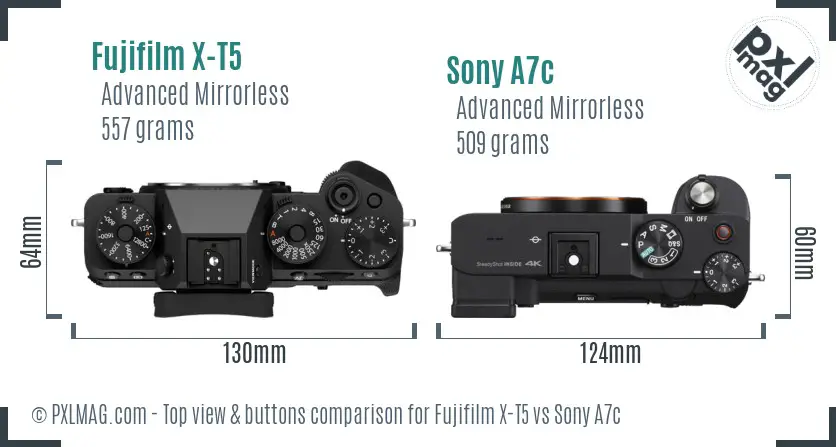 Fujifilm X-T5 vs Sony A7c top view buttons comparison