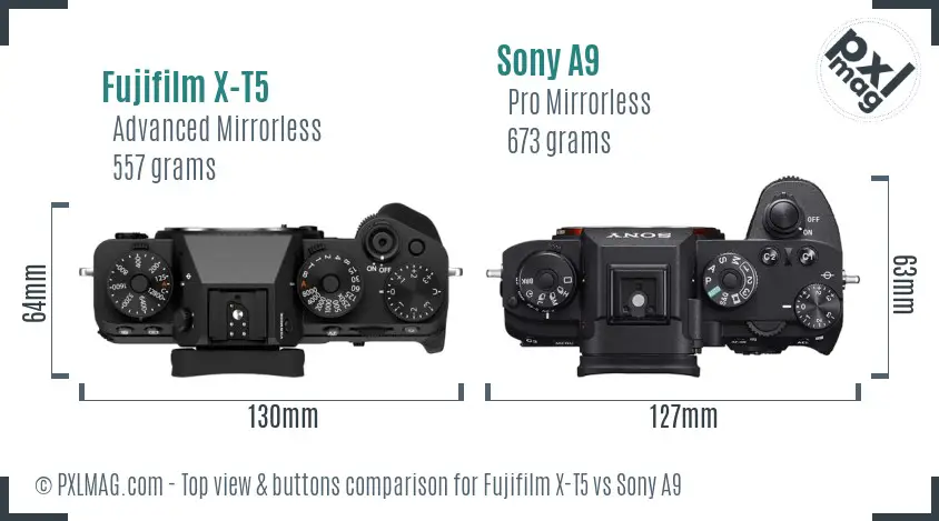 Fujifilm X-T5 vs Sony A9 top view buttons comparison