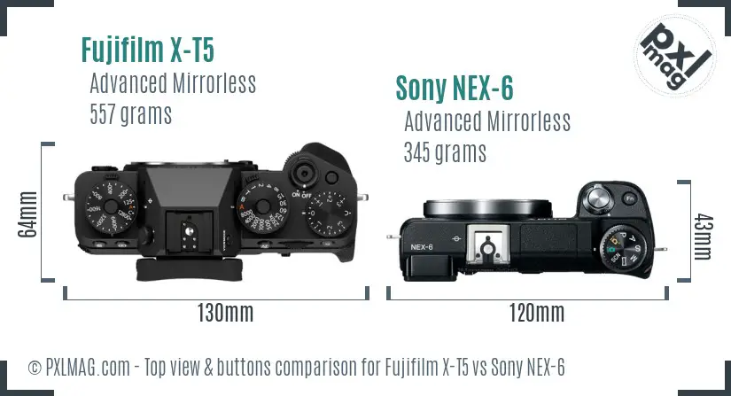 Fujifilm X-T5 vs Sony NEX-6 top view buttons comparison