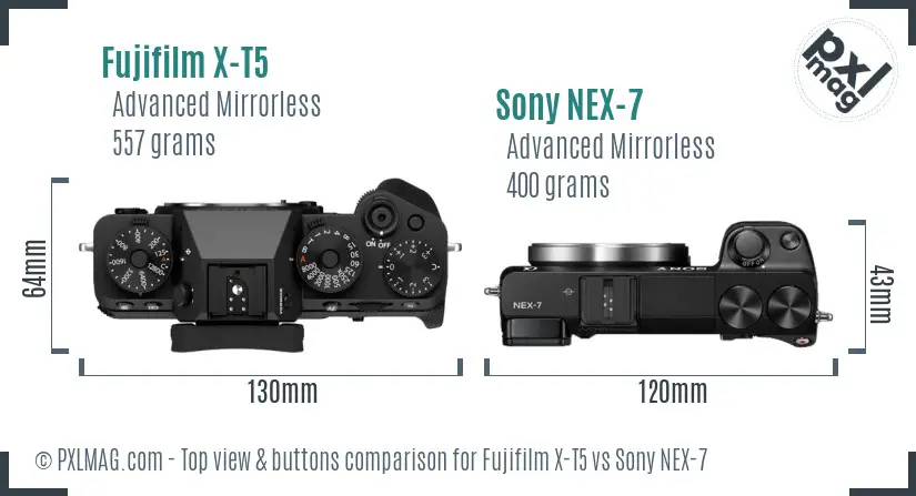 Fujifilm X-T5 vs Sony NEX-7 top view buttons comparison