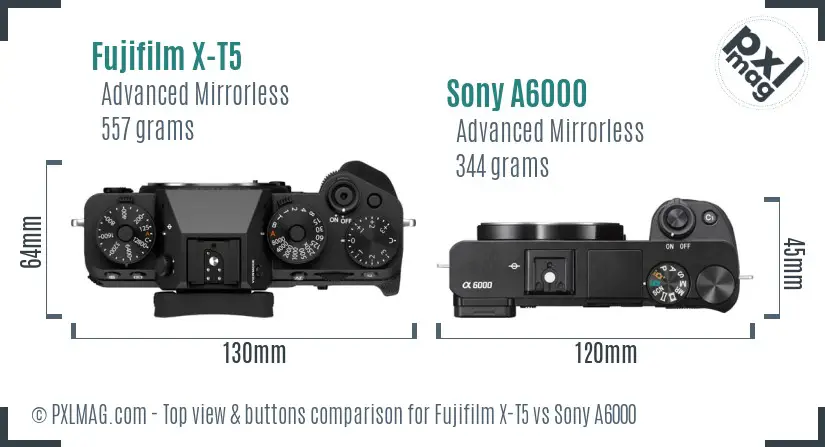 Fujifilm X-T5 vs Sony A6000 top view buttons comparison