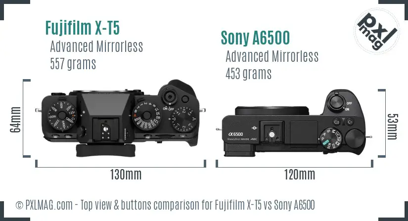 Fujifilm X-T5 vs Sony A6500 top view buttons comparison