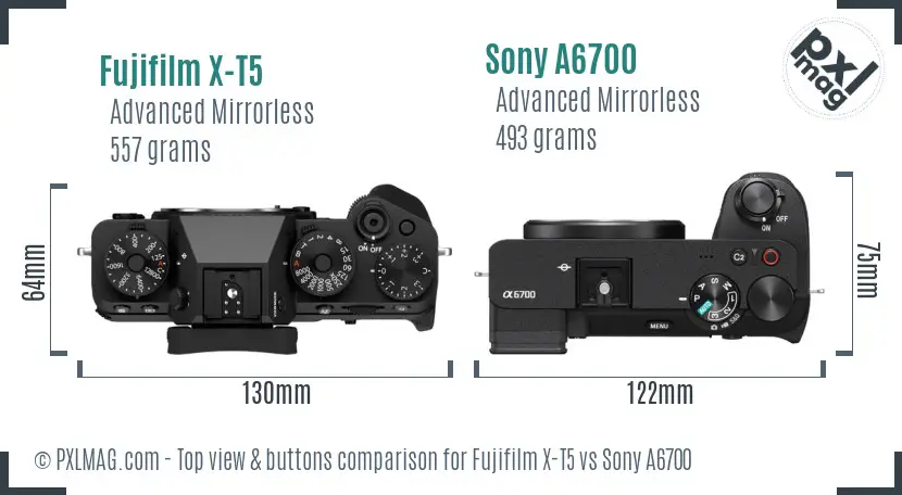 Fujifilm X-T5 vs Sony A6700 top view buttons comparison