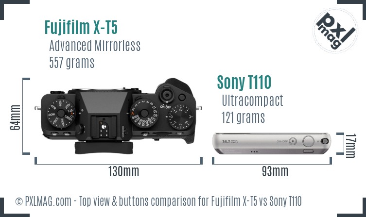 Fujifilm X-T5 vs Sony T110 top view buttons comparison