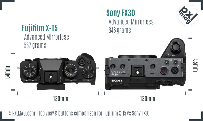 Fujifilm X-T5 vs Sony FX30 top view buttons comparison