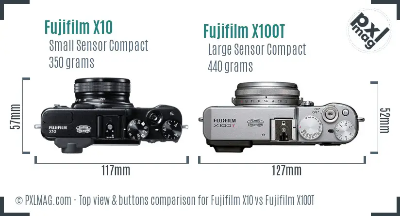 Fujifilm X10 vs Fujifilm X100T top view buttons comparison
