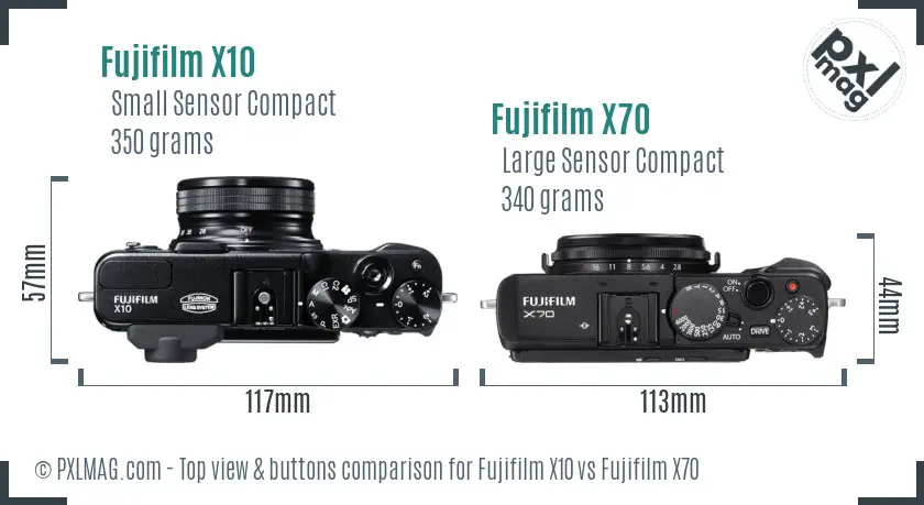 Fujifilm X10 vs Fujifilm X70 top view buttons comparison Fujifilm X10 vs Fujifilm X70 top view buttons comparison