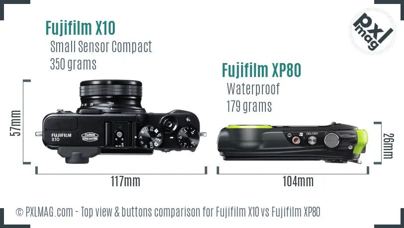 Fujifilm X10 vs Fujifilm XP80 top view buttons comparison