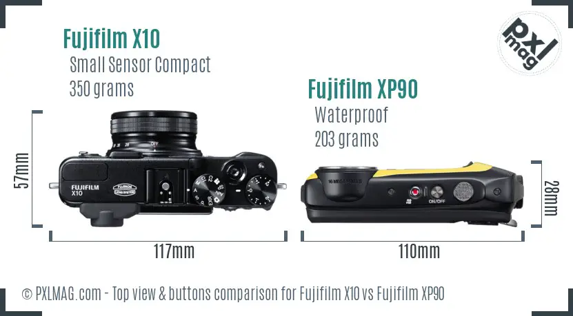 Fujifilm X10 vs Fujifilm XP90 top view buttons comparison