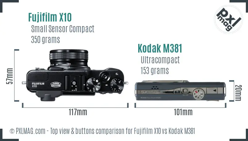 Fujifilm X10 vs Kodak M381 top view buttons comparison