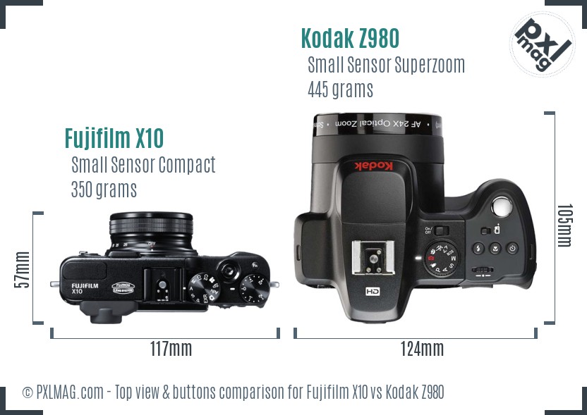 Fujifilm X10 vs Kodak Z980 top view buttons comparison