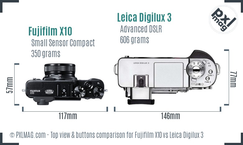 Fujifilm X10 vs Leica Digilux 3 top view buttons comparison