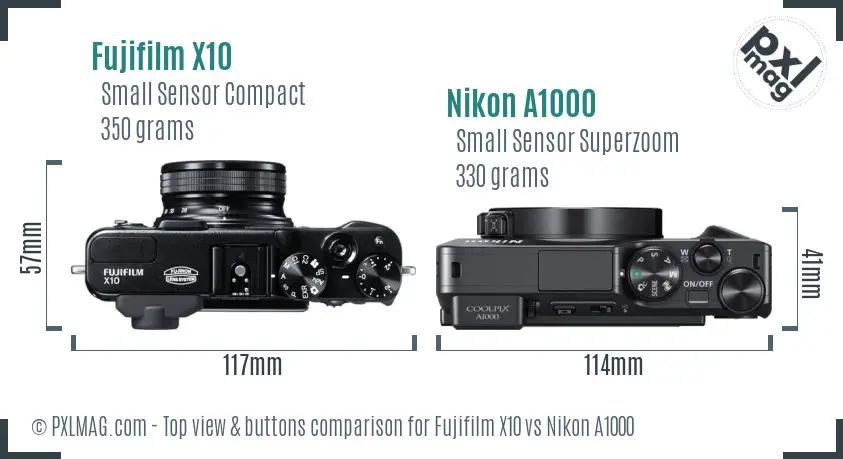Fujifilm X10 vs Nikon A1000 top view buttons comparison