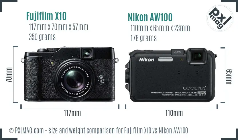 Fujifilm X10 vs Nikon AW100 size comparison Fujifilm X10 vs Nikon AW100 size comparison
