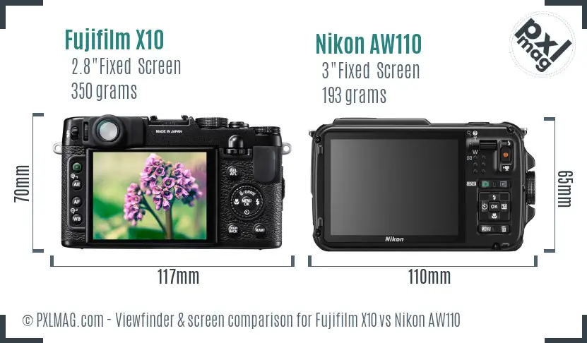 Fujifilm X10 vs Nikon AW110 Screen and Viewfinder comparison