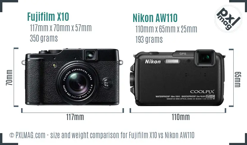 Fujifilm X10 vs Nikon AW110 size comparison