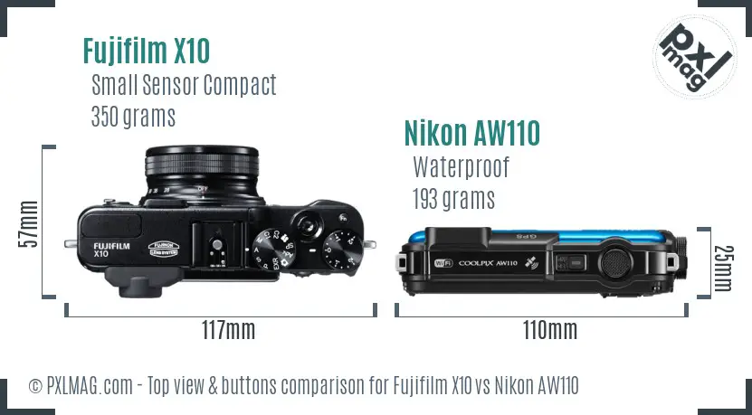 Fujifilm X10 vs Nikon AW110 top view buttons comparison