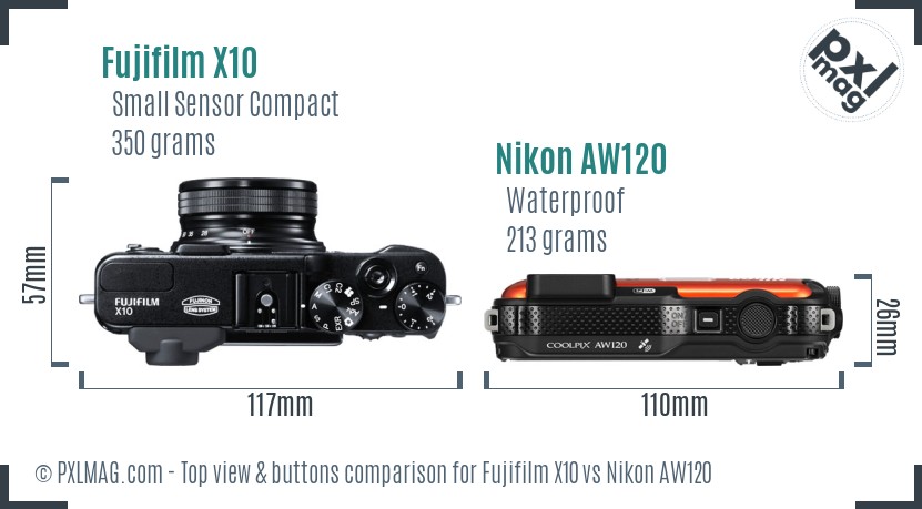 Fujifilm X10 vs Nikon AW120 top view buttons comparison