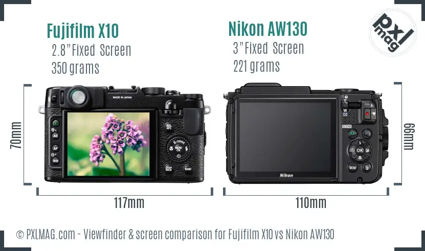 Fujifilm X10 vs Nikon AW130 Screen and Viewfinder comparison