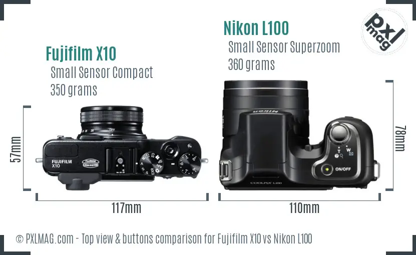 Fujifilm X10 vs Nikon L100 top view buttons comparison