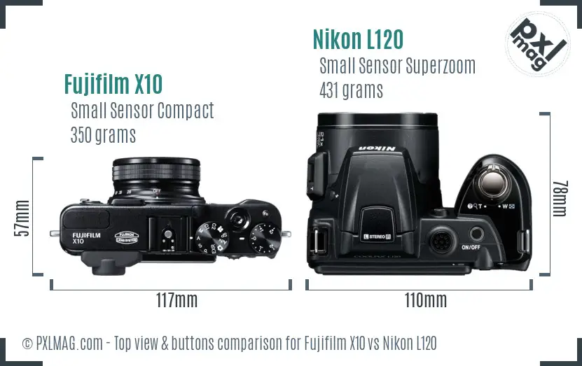 Fujifilm X10 vs Nikon L120 top view buttons comparison Fujifilm X10 vs Nikon L120 top view buttons comparison