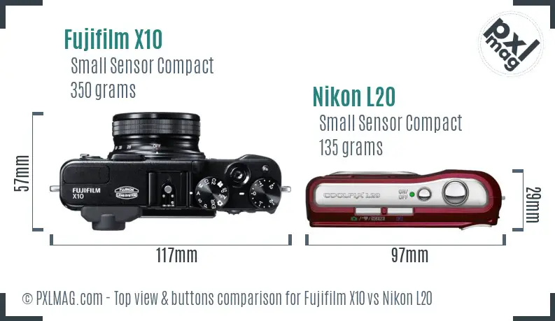 Fujifilm X10 vs Nikon L20 top view buttons comparison Fujifilm X10 vs Nikon L20 top view buttons comparison