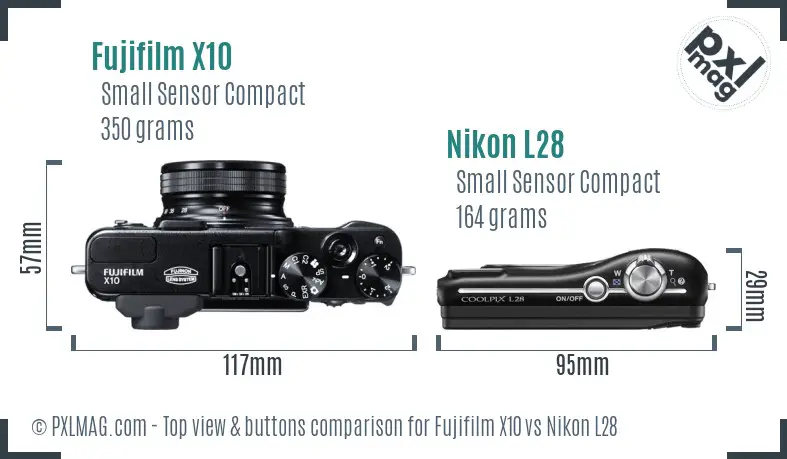 Fujifilm X10 vs Nikon L28 top view buttons comparison