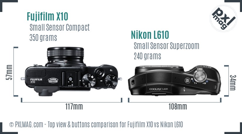 Fujifilm X10 vs Nikon L610 top view buttons comparison