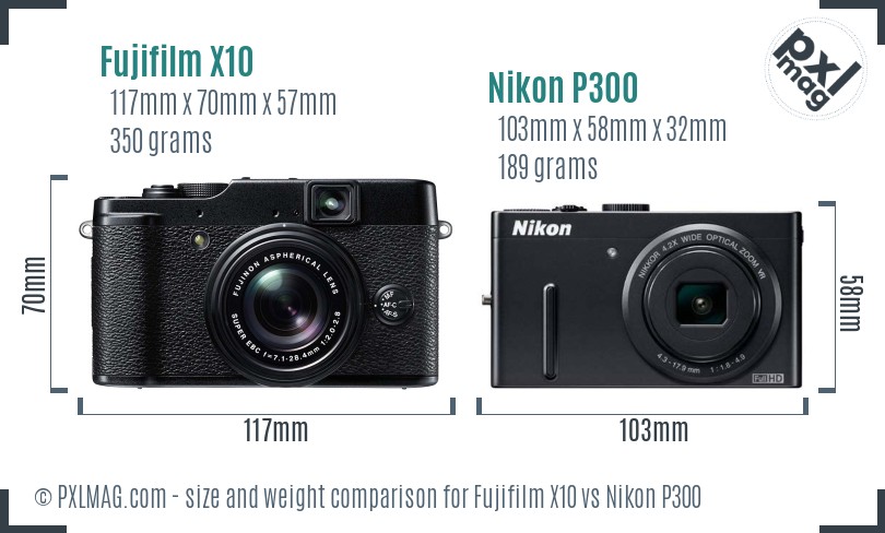 Fujifilm X10 vs Nikon P300 size comparison