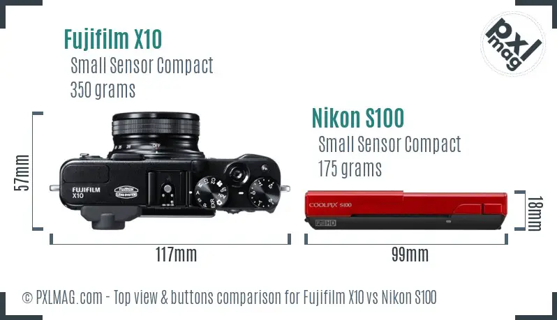 Fujifilm X10 vs Nikon S100 top view buttons comparison Fujifilm X10 vs Nikon S100 top view buttons comparison