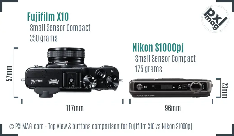 Fujifilm X10 vs Nikon S1000pj top view buttons comparison Fujifilm X10 vs Nikon S1000pj top view buttons comparison
