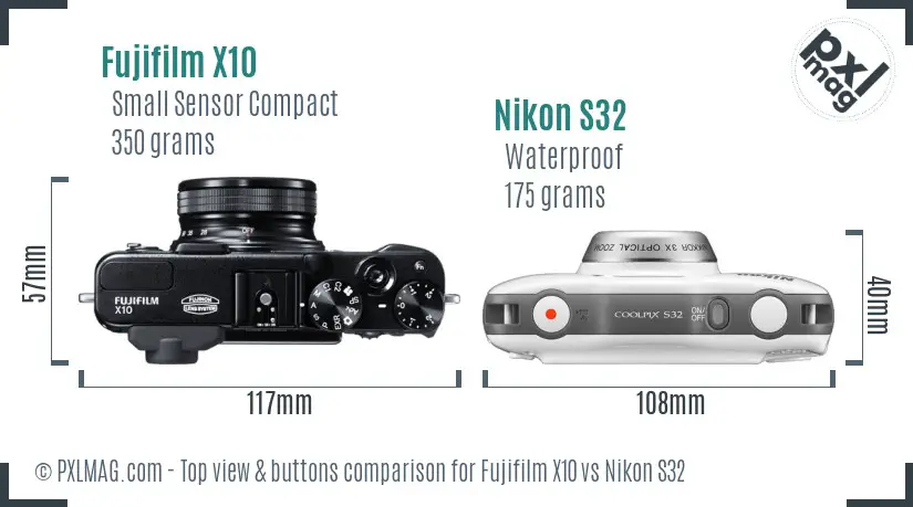 Fujifilm X10 vs Nikon S32 top view buttons comparison Fujifilm X10 vs Nikon S32 top view buttons comparison