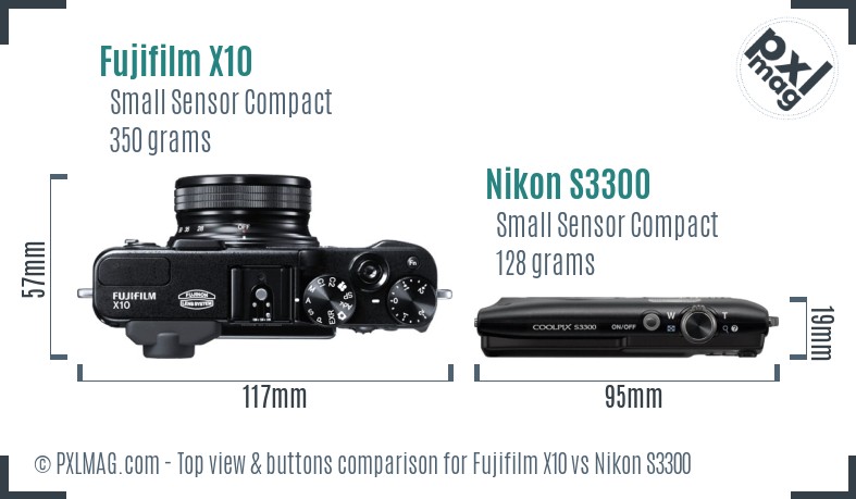 Fujifilm X10 vs Nikon S3300 top view buttons comparison