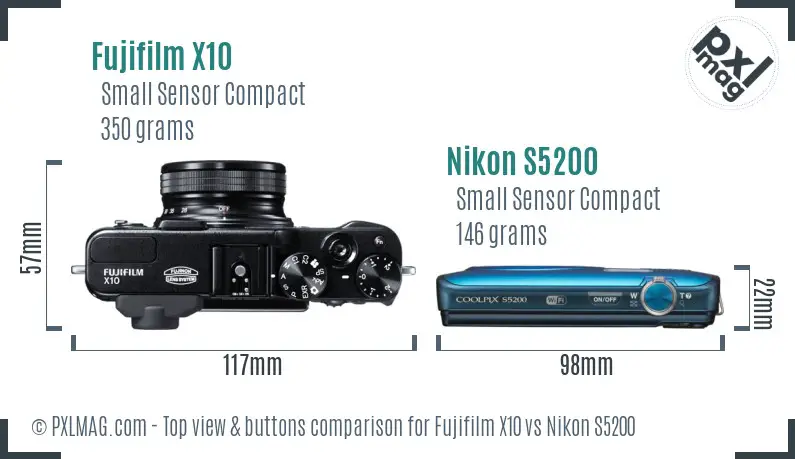 Fujifilm X10 vs Nikon S5200 top view buttons comparison Fujifilm X10 vs Nikon S5200 top view buttons comparison