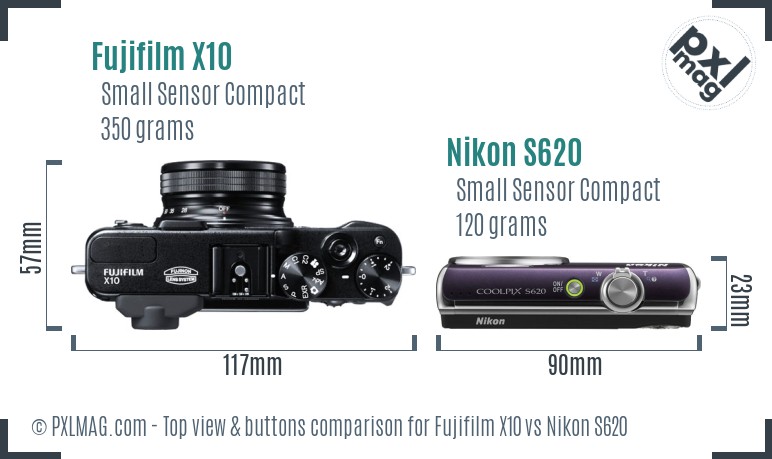 Fujifilm X10 vs Nikon S620 top view buttons comparison