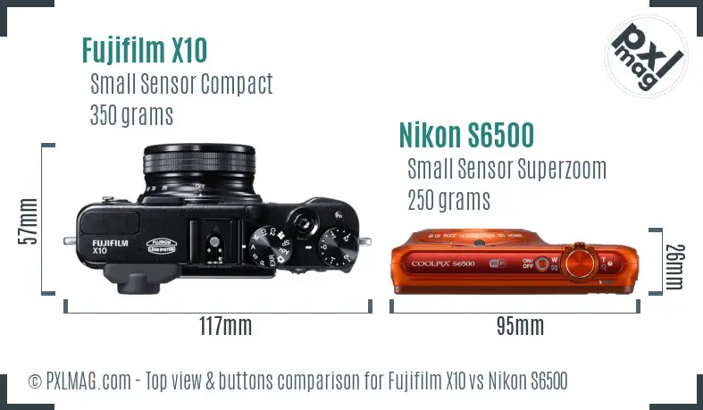 Fujifilm X10 vs Nikon S6500 top view buttons comparison Fujifilm X10 vs Nikon S6500 top view buttons comparison